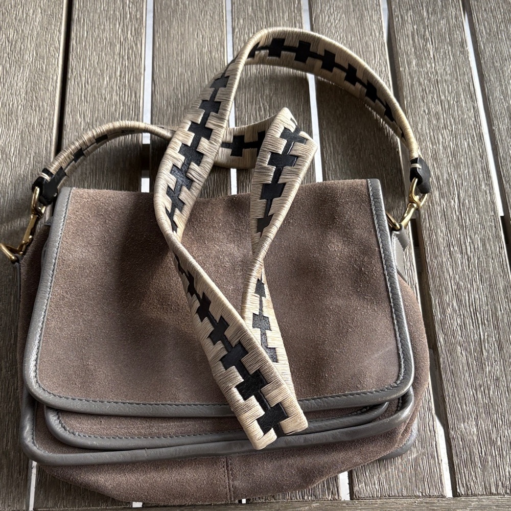 Chic gray Kempton Suede Crossbody Bag with Patterned Strap- NFs -so not buy